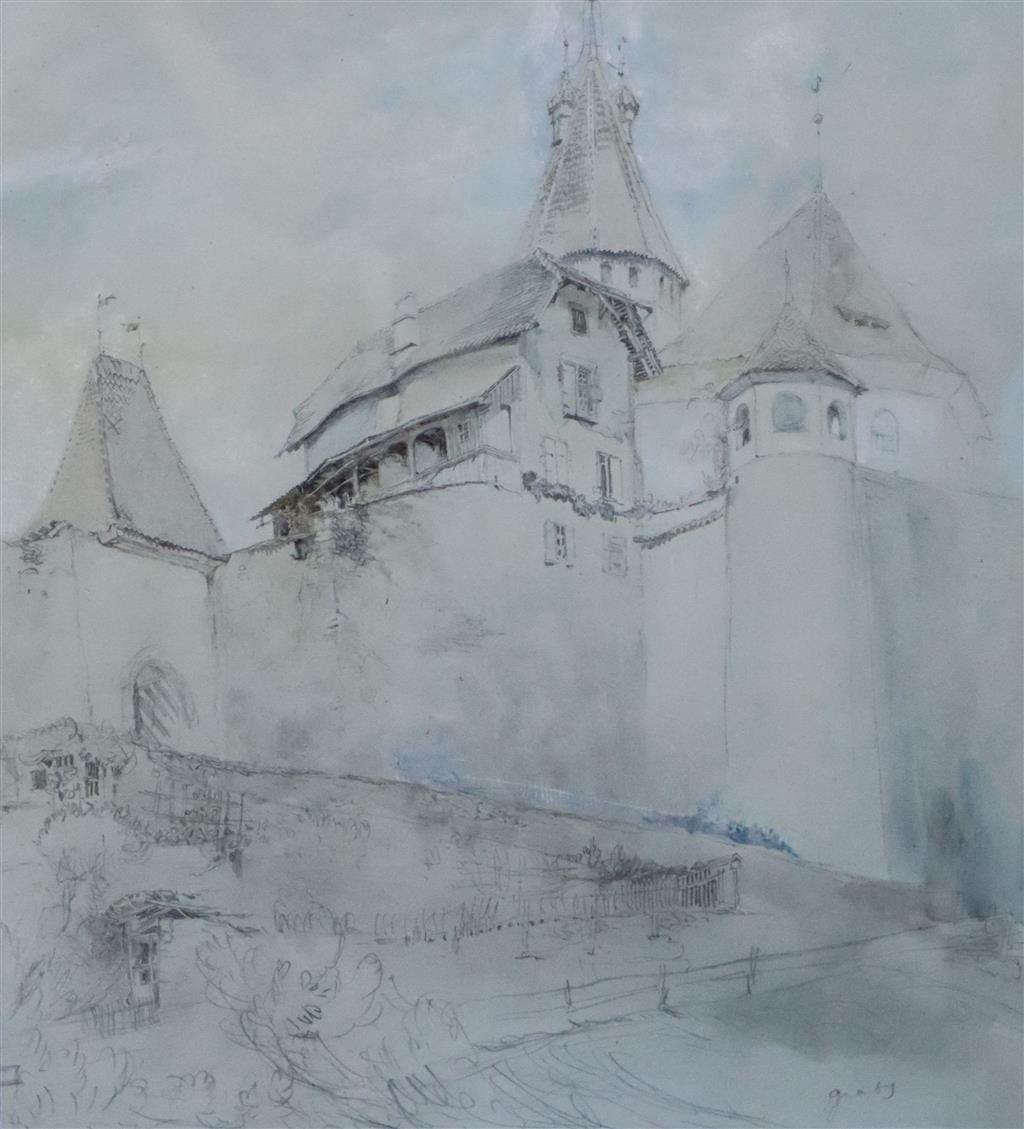 Sir John Ruskin (1819-1901), Architectural study of a castle, possibly Thun, Switzerland, watercolour, pencil, gouache
